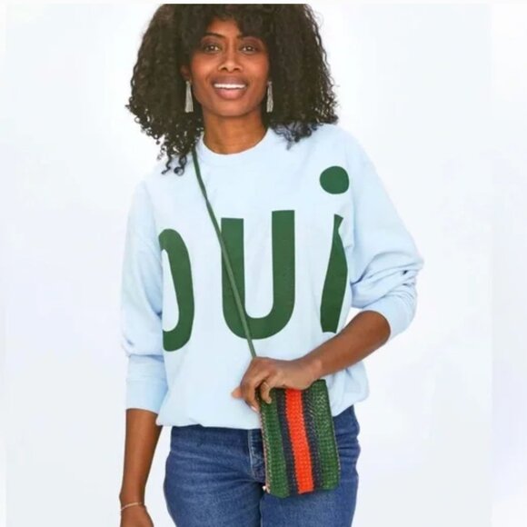 Clare V Sweatshirt Oui Oversized Crew Neck Sky Blue Evergreen Small READ - Picture 1 of 8